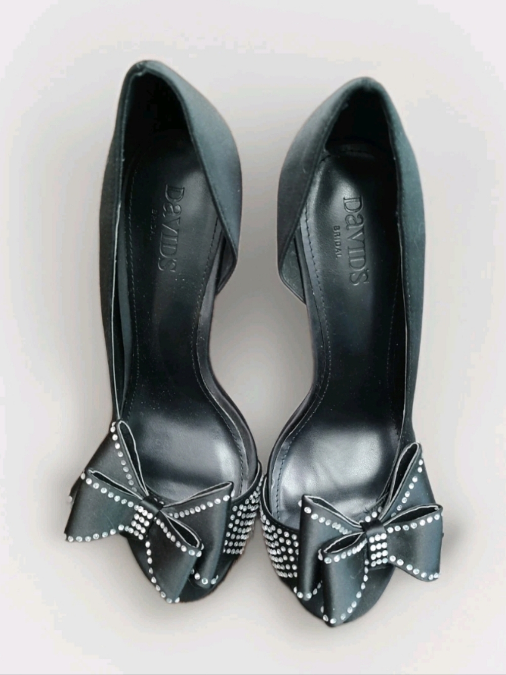 David's Bridal Izzie Black Satin Peep-toe heels Rhinestone-emb Bow D'Orsay Cut